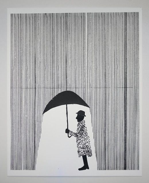 a drawing of a person holding an umbrella in front of vertical lines on the wall