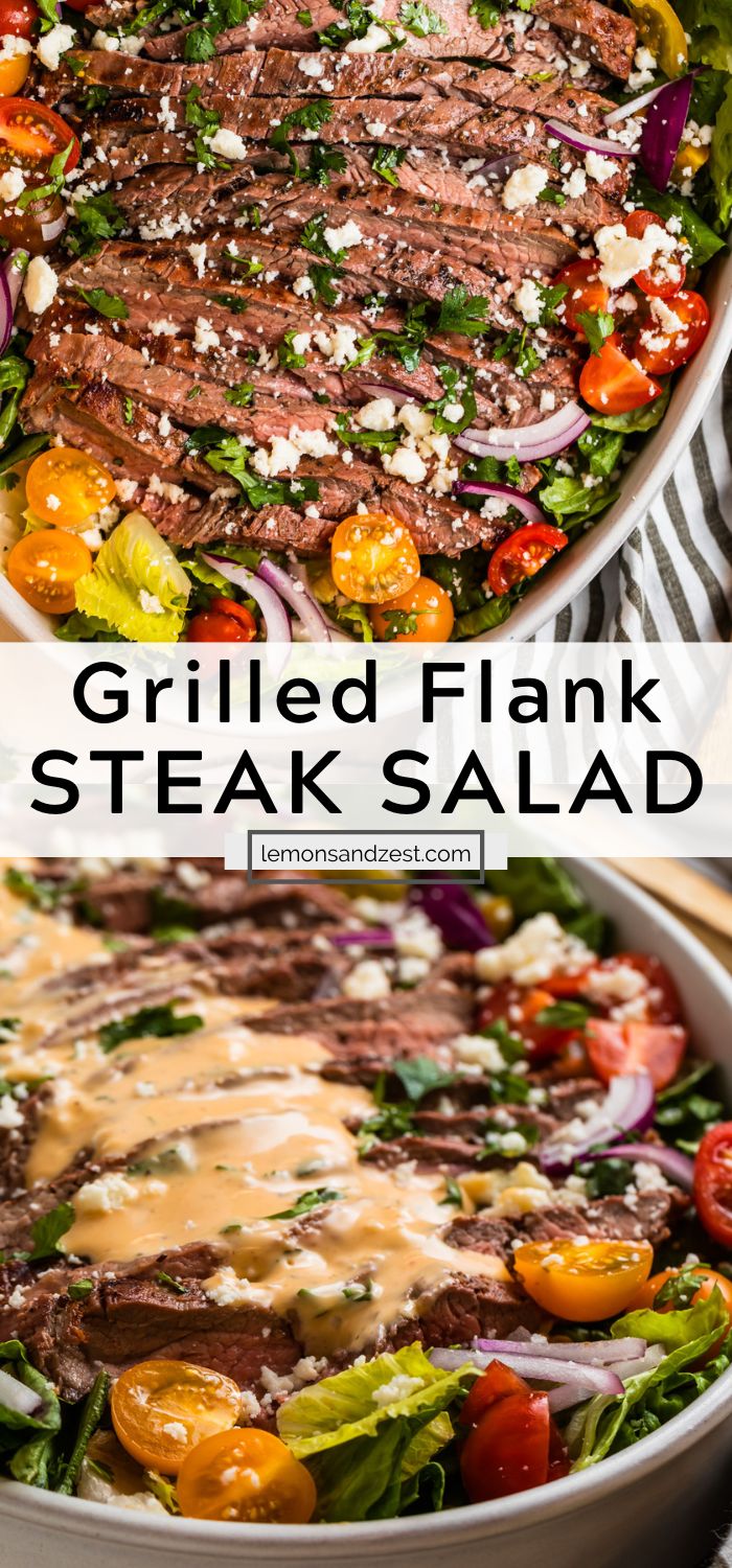 grilled flank steak salad in a bowl with dressing