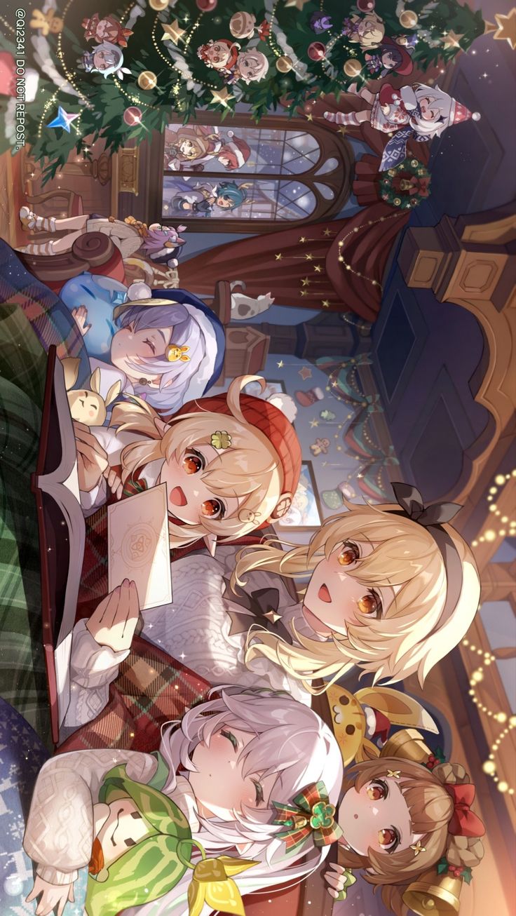 some anime characters are gathered together in front of a christmas tree