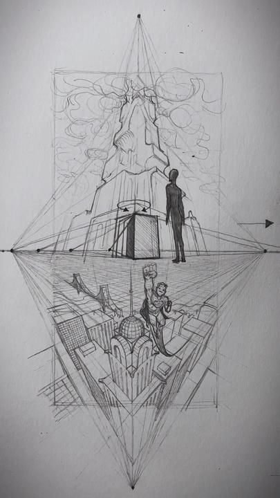 a drawing of a man standing in front of a pyramid with two people on it