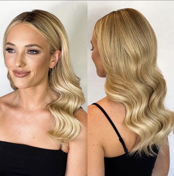 Crimped Bridesmaid Hair, Sleek Front Wedding Hair, Down Do Wedding Hair Bridesmaid, Sleek Middle Part Glam Waves, Bridal Hair Chic, Wedding Finger Waves, Champagne And Chanel Wedding Hair, Bridal Down Hair, Elegant Wedding Hair With Veil