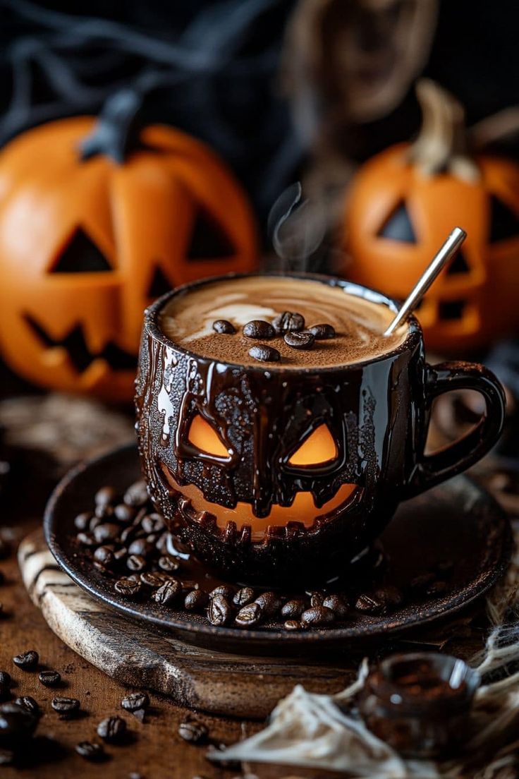 a cup of hot chocolate with carved pumpkins on the side and coffee beans around it