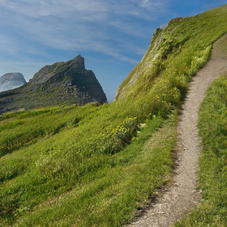 a path going up the side of a grassy hill with two mountains in the background