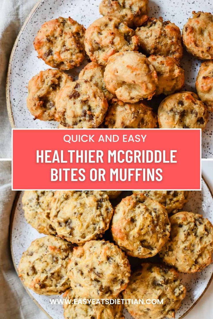 a white plate topped with cookies and muffins next to the words quick and easy healthier mcgridle bites or muffins