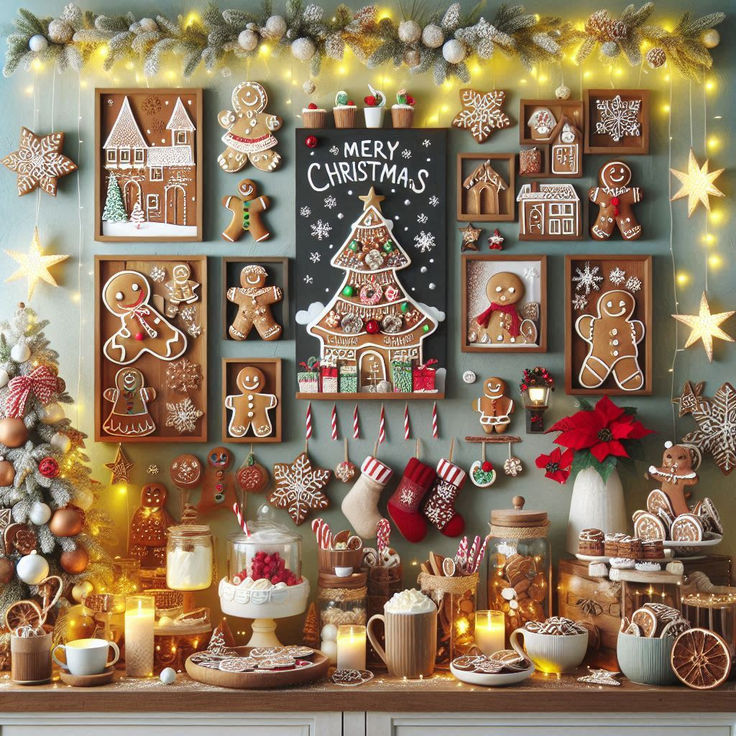 a christmas display with gingerbreads, cookies and other holiday treats on the table