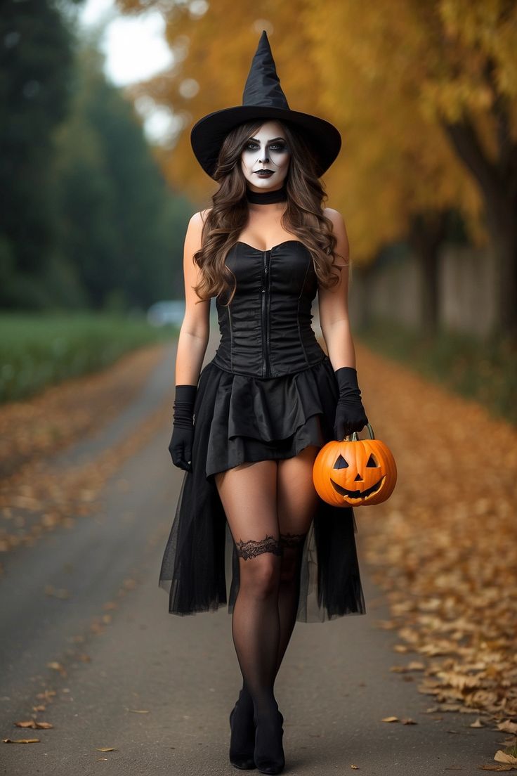 a woman dressed as a witch walking down a road with a pumpkin in her hand