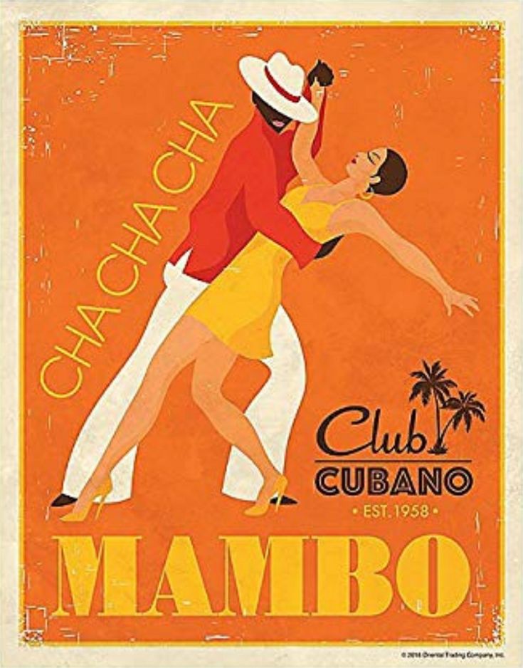 an advertisement for the club cubano mambo, featuring two people in yellow and red