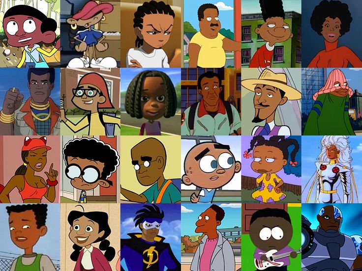 the many faces of black people in different cartoon style outfits and haircuts, all with various facial expressions