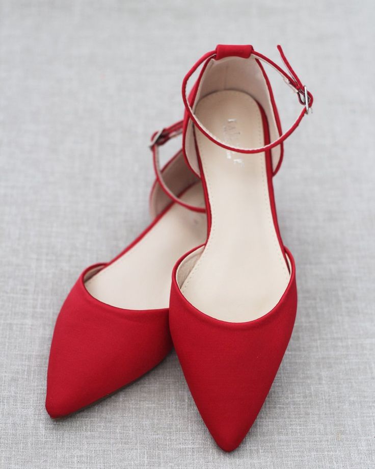 RED Satin Pointy Toe Flats with Ankle Strap #shopkaileep #holidayshoes #womenshoes #weddingshoes Red Quinceanera Shoes High Heels, Doctor Clothes, Red Flat Shoes, Flats With Ankle Strap, Red Shoes Flats, Black Blush, Basic Shoes, Dr Shoes, Holiday Shoes