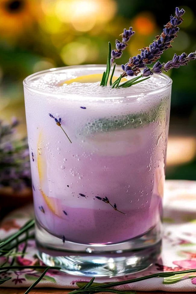 a purple drink with lavender sprigs on the rim