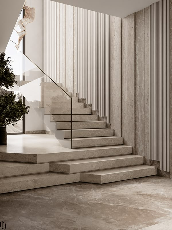 the stairs are made of marble and have glass balconies on each one side