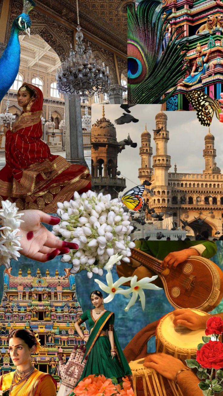 the collage shows many different things in this photo, including flowers and peacocks