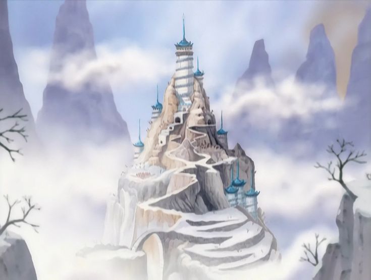 an animated castle in the middle of a snowy mountain range with trees and snow on it