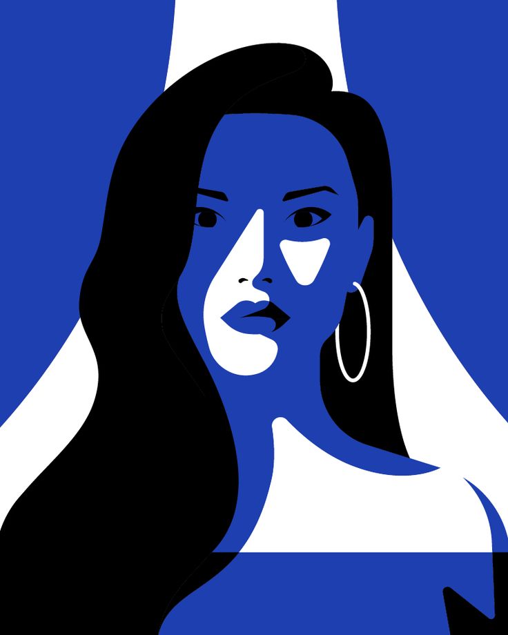 a woman's face is shown in blue and white, with long black hair