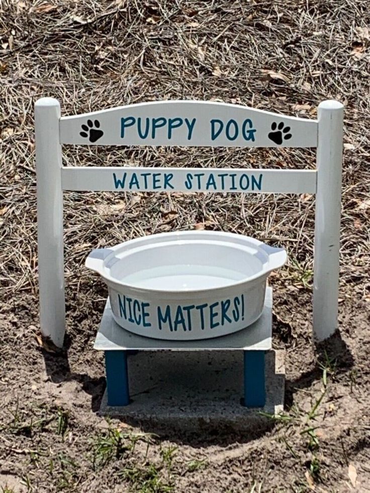 a white dog water station sitting in the dirt