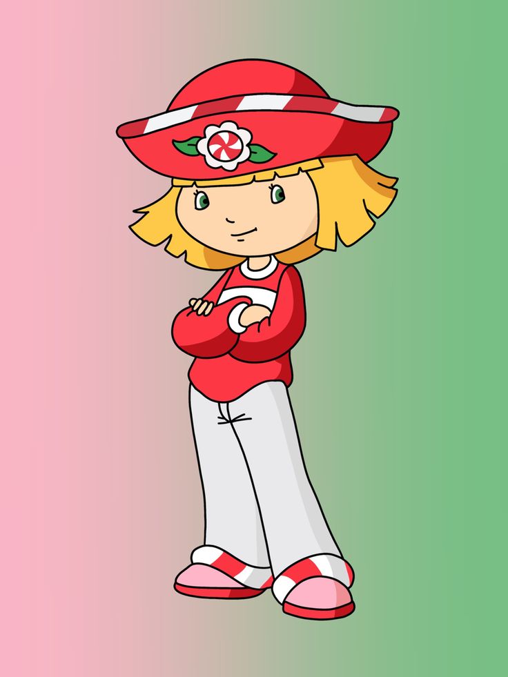 a cartoon girl with blonde hair wearing a red hat and white pants, standing in front of a green background