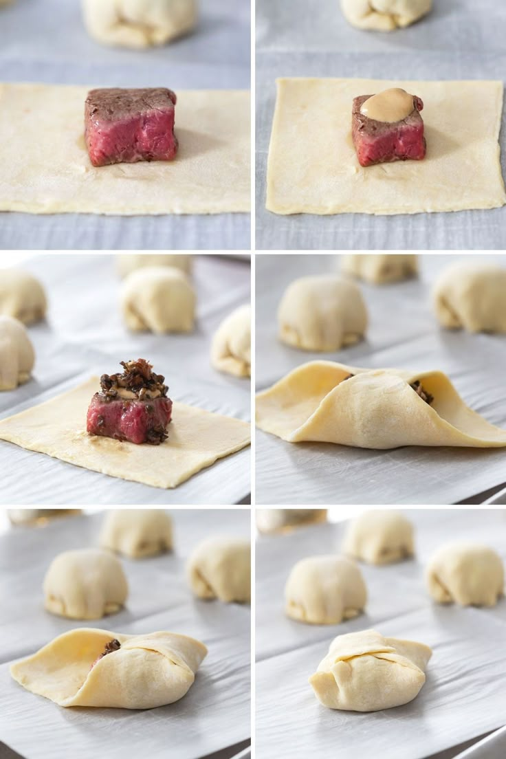 the process of making dumplings is shown in multiple stages, including being rolled up and uncooked