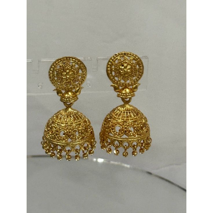 Jhumka Earrings 22k Gold Plated Bollywood Fashion Design 22k Gold Dangle Jhumkas For Festive Occasions, 22k Gold Jhumkas For Puja And Festive Occasions, 22k Gold Earrings For Puja, Gold Earrings For Puja, Festive 22k Gold Jhumkas With Latkans, Gold Jhumkas For Puja And Festive Occasions, Festive Gold Jhumkas For Puja, Elegant Intricate Design Earrings For Puja, Elegant Latkans Earrings For Puja