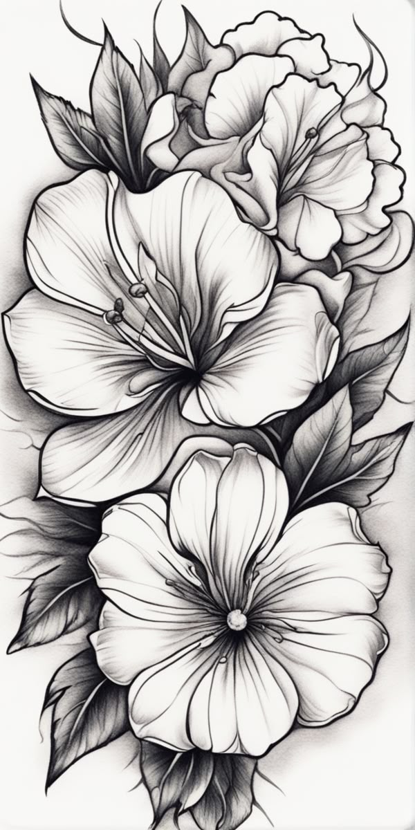 a black and white drawing of flowers with leaves on the bottom half of each flower