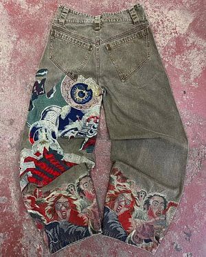 Zingj Y2K Jeans Street Clothing Original Hip-Hop Vintage Neo-Gothic Baggy Jeans Punk Embroidery, Harajuku Goth, Y2k Cargo Pants, Harajuku Punk, Mid Waist Pants, Denim Pants Mens, Streetwear Jeans, Style Gothic, Patterned Jeans