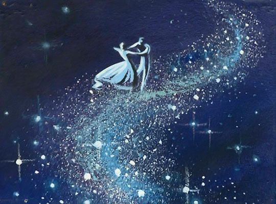 a painting of two people standing in the water with stars all over their body and arms