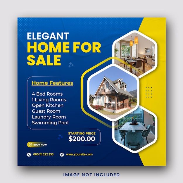 a blue and yellow flyer for a real estate sale with pictures of houses on it