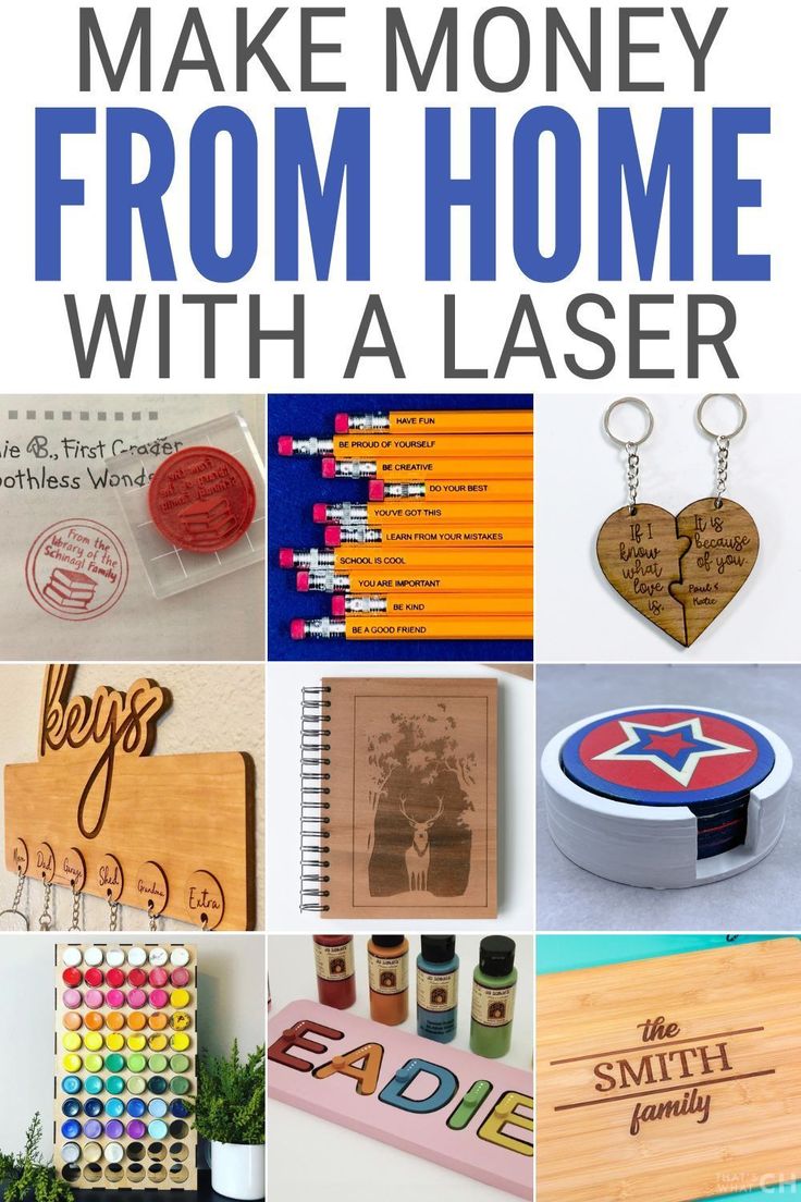 the words make money from home with laser on them and pictures of other items that are made out of wood