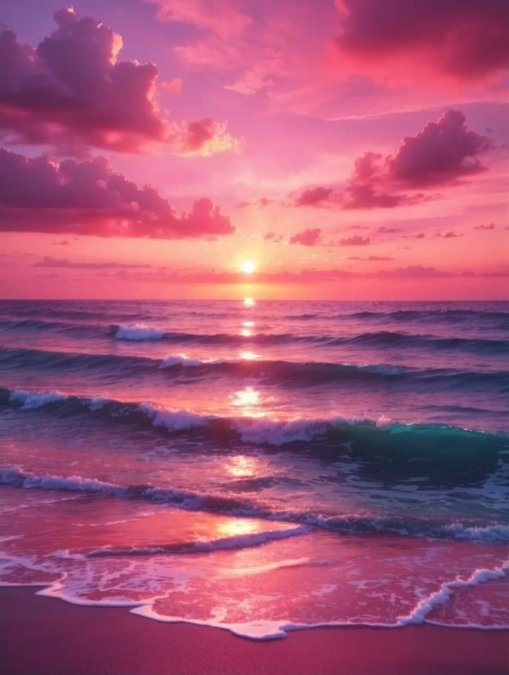 the sun is setting over the ocean with waves coming in to shore and pink clouds