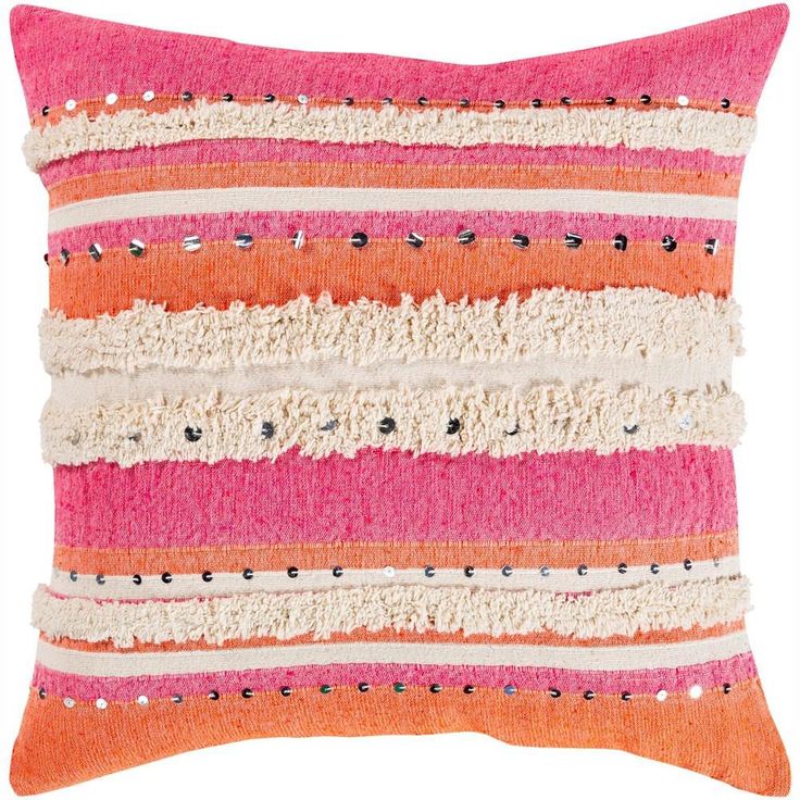 an orange, pink and white striped pillow with fringes on the edges is shown