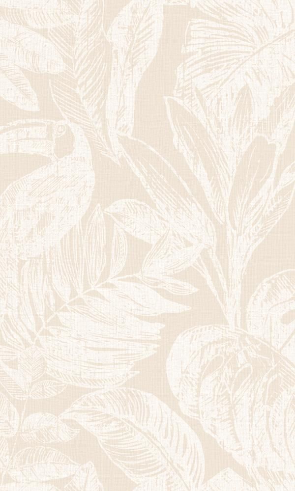 a white and beige wallpaper with large leaves on the bottom half of it,