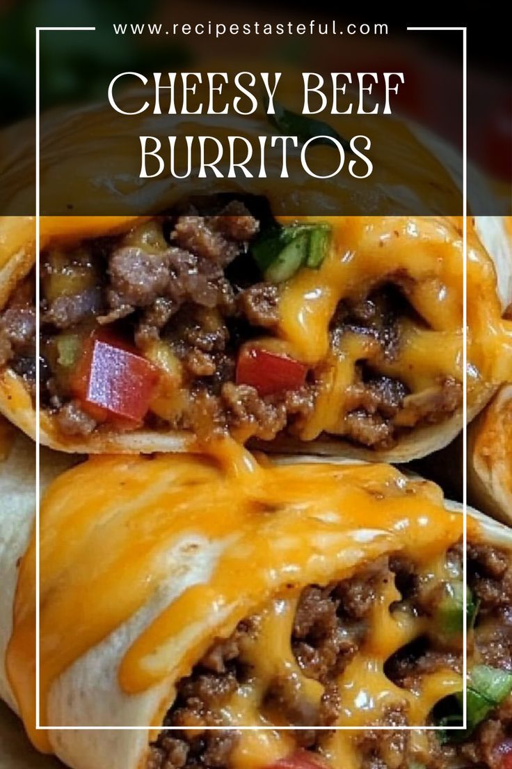 three burritos with cheese and meat on them