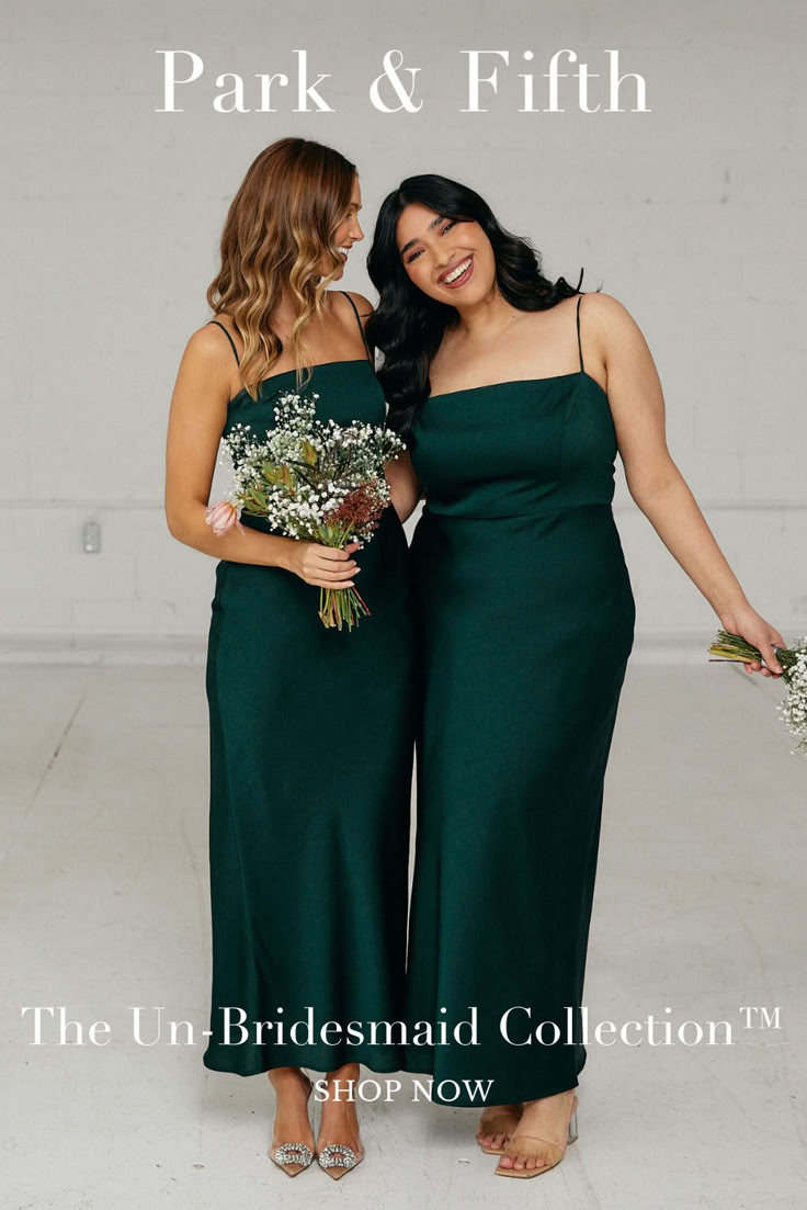 two women in green dresses standing next to each other and smiling at the camera with text park & fifth