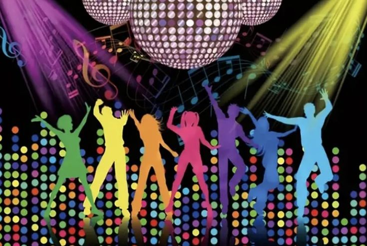 disco party poster with colorful lights and silhouettes