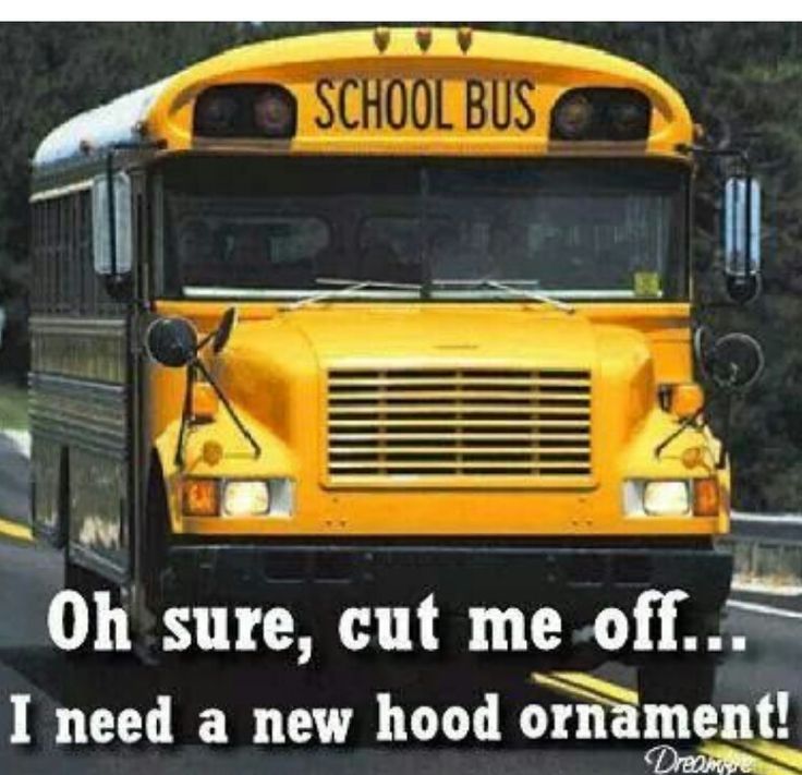 a yellow school bus driving down a road with the words, oh sure, cut me off i need a new hood ornament