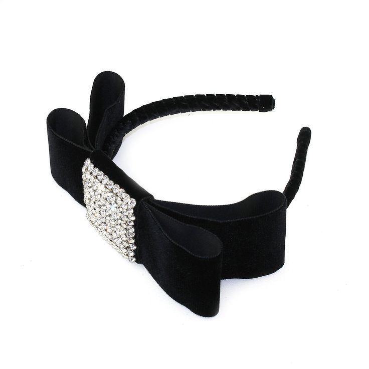 "We wrapped a skinny 1/4\" wide headband in a plush black velvet, then added a large black velvet bow. 100+ glass rhinestones hand sewn to the center add the perfect amount of shimmer. -Bow width: 8\" length, 2\" width -Velvet Bow -Glass rhinestones -One size /Adults All Kristin Perry products on Etsy are handmade by the designer in the USA. All images © 2010-2016 Kristin Perry" Formal Bow Headband, Elegant Black Ribbon Hair Accessories For Party, Formal Adjustable Bow Headband, Formal Adjustable Headband With Bow, Adjustable Black Headband For Evening, Black Adjustable Headband For Evening, Elegant Black Hair Accessories With Bow, Elegant Black Hair Accessories With Ribbon, Elegant Black Hair Accessories With Matching Headband