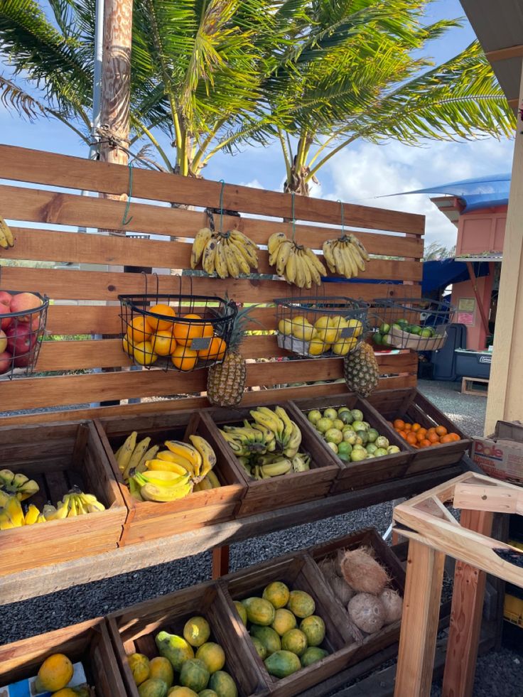 fruit is on display in wooden crates at an outdoor market area with palm trees and other produce