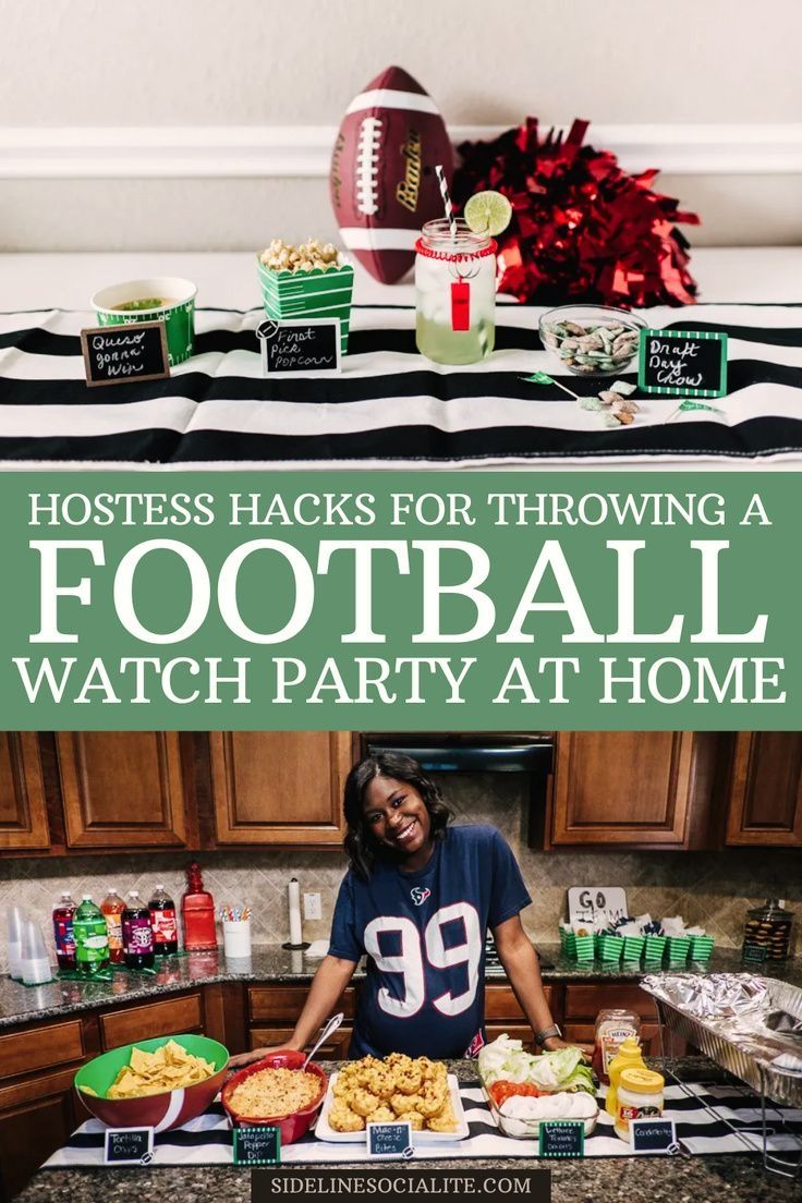 a woman standing in front of a table full of food and snacks with the words hostess hacks for throwing a football watch party at home