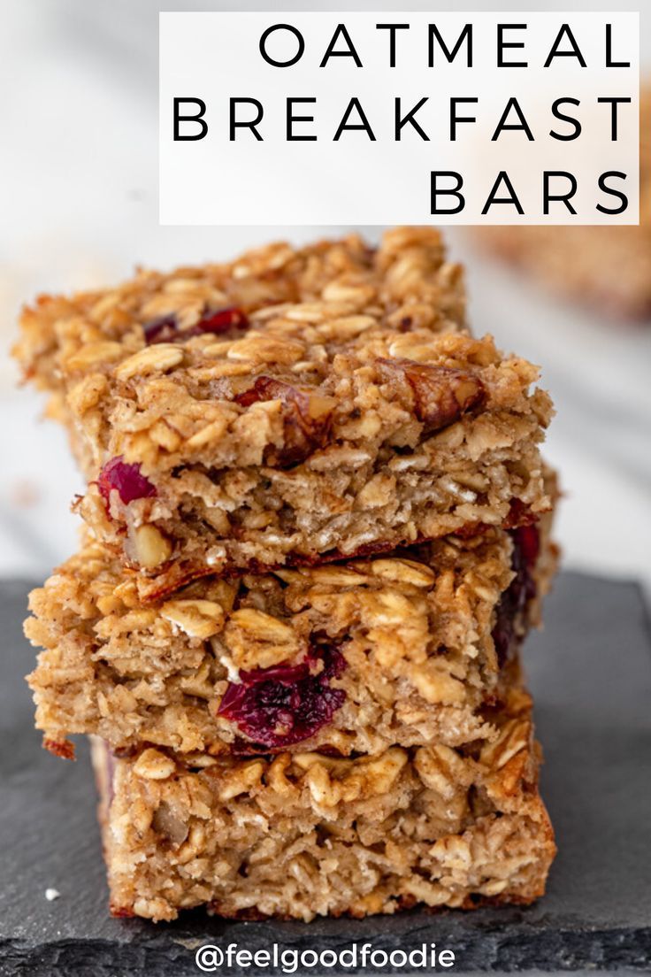 oatmeal breakfast bars stacked on top of each other with text overlay