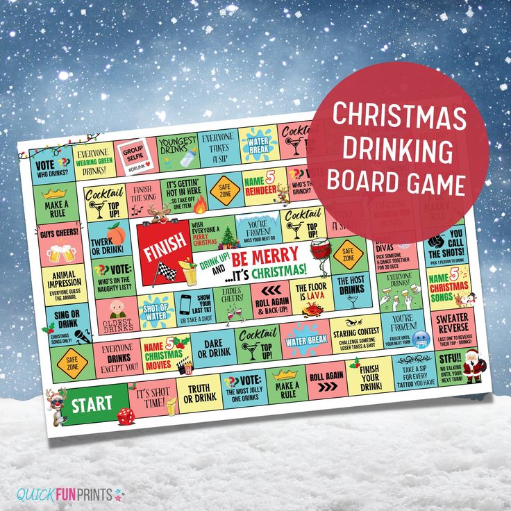 a christmas drinking board game is shown in the snow