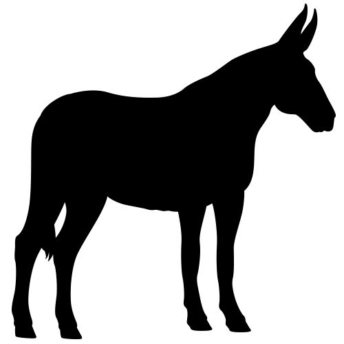 a black and white silhouette of a donkey standing in front of a white background,