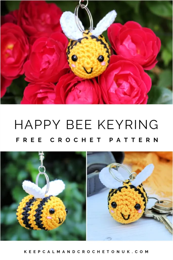 a crocheted bee keychain with the words happy bee keyring on it