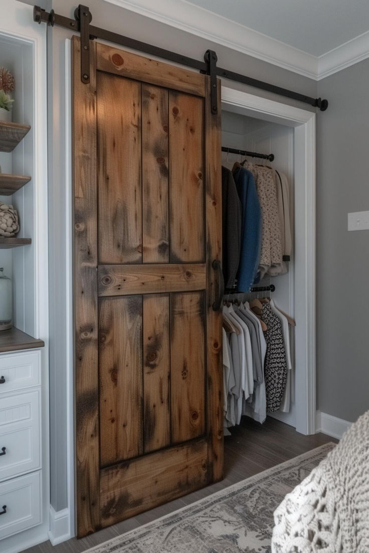 30 Rustic Barn Door Closet Ideas for a Sophisticated Home Diy Rustic Closet Doors, Western Closet Doors, Rustic Closet Designs, Barn Walls Ideas, Rustic Wardrobe Ideas, Bedroom With Barn Doors, Rustic Closet Ideas, Barn Doors For Closet, Door Closet Ideas