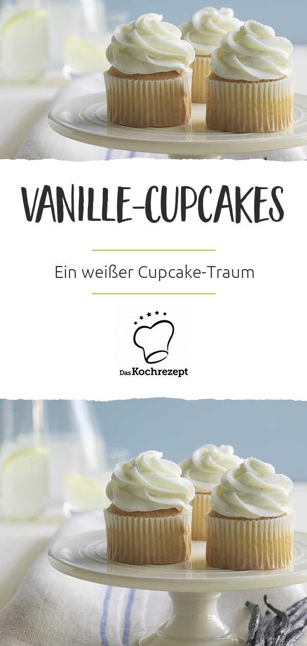 vanilla cupcakes with white frosting on a cake plate and the title overlay reads, vanilla cupcakes