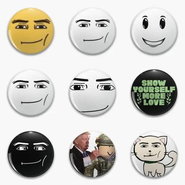 six buttons with different faces and words on them