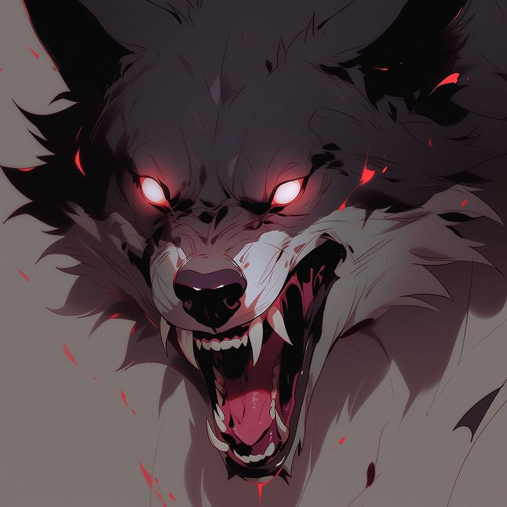 a wolf with red eyes and fangs on it's face