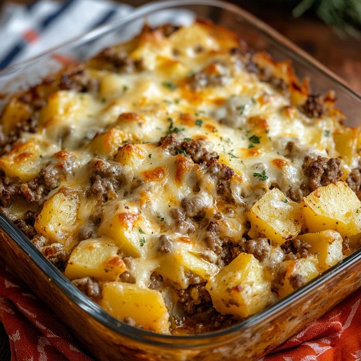 a casserole dish with meat, cheese and potatoes