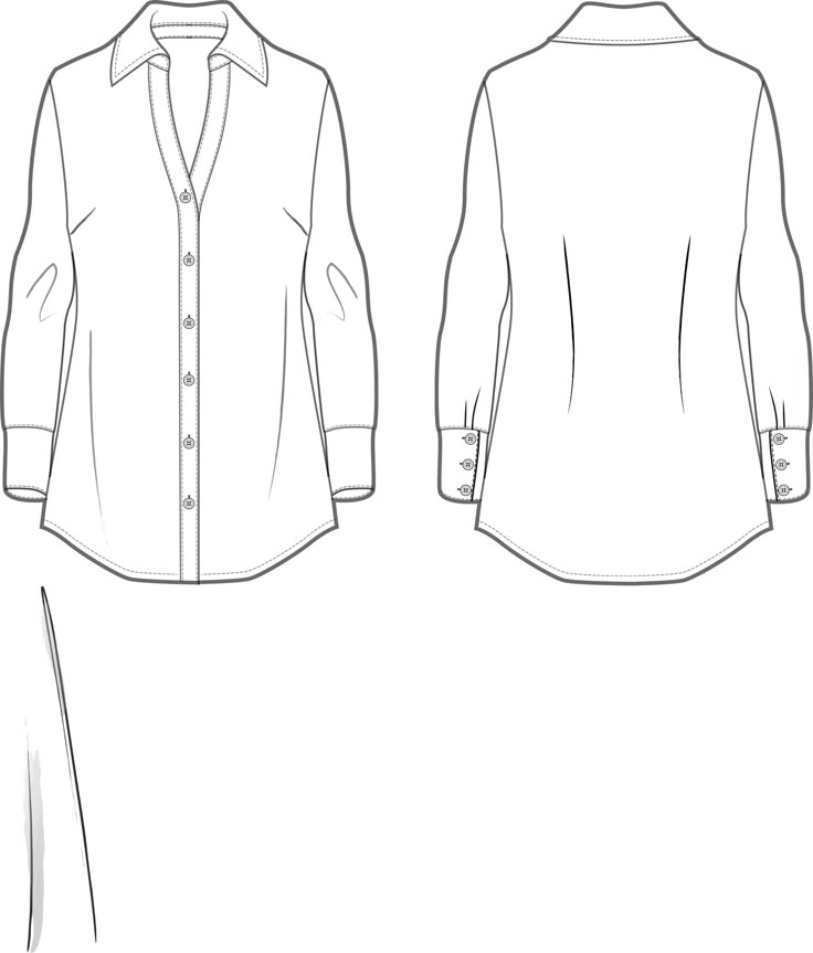 the front and back views of a women's shirt with long sleeves, collared neck