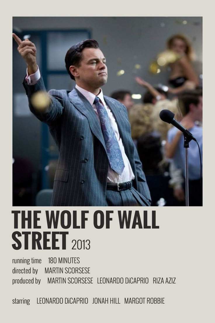 the wolf of wall street movie poster with man in suit and tie pointing at something