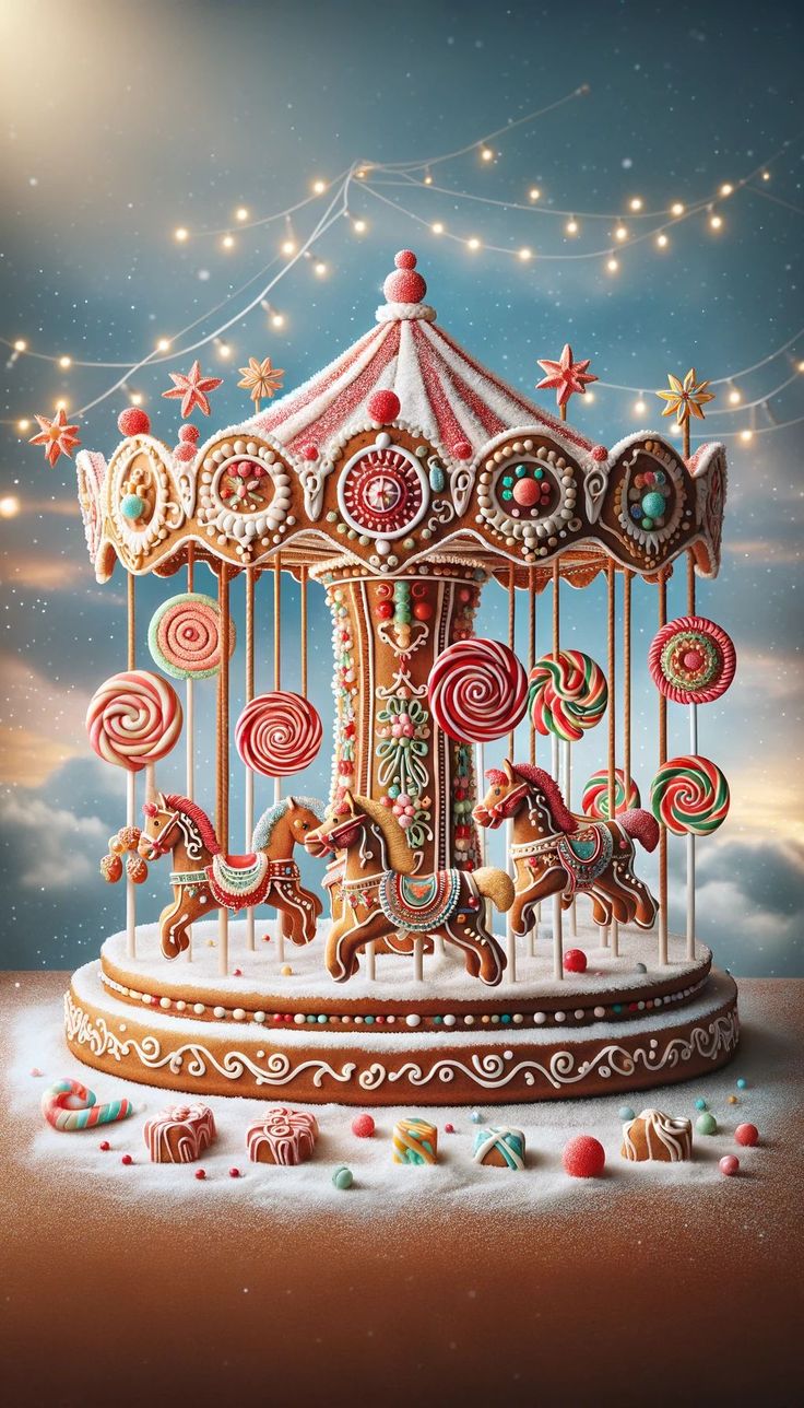 a merry go round with candy and candies on the top, surrounded by stars