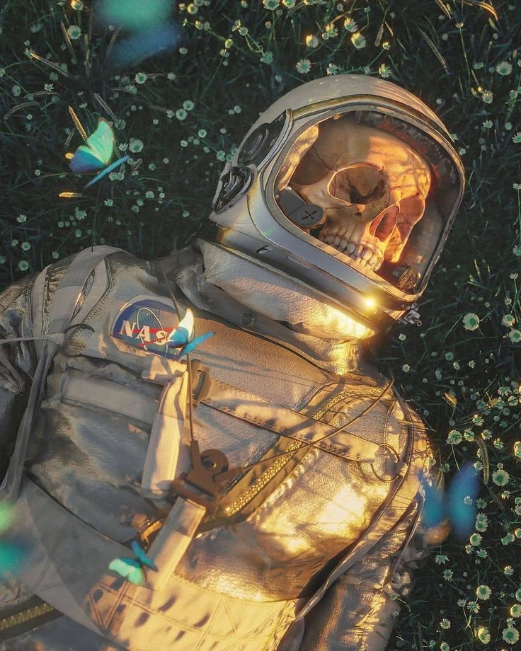 an astronaut with a skull in his spacesuit laying on the ground next to flowers